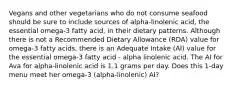 Vegans and other vegetarians who do not consume seafood should be sure to include sources of alpha-linolenic acid, the essential omega-3 fatty acid, in their dietary patterns. Although there is not a Recommended Dietary Allowance (RDA) value for omega-3 fatty acids, there is an Adequate Intake (AI) value for the essential omega-3 fatty acid - alpha linolenic acid. The AI for Ava for alpha-linolenic acid is 1.1 grams per day. Does this 1-day menu meet her omega-3 (alpha-linolenic) AI?