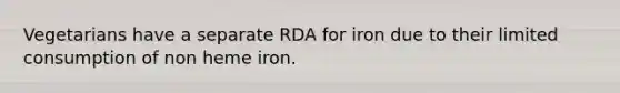 Vegetarians have a separate RDA for iron due to their limited consumption of non heme iron.