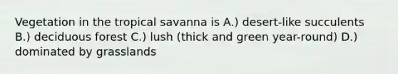 Vegetation in the tropical savanna is A.) desert-like succulents B.) deciduous forest C.) lush (thick and green year-round) D.) dominated by grasslands