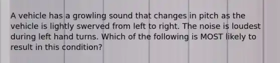 A vehicle has a growling sound that changes in pitch as the vehicle is lightly swerved from left to right. The noise is loudest during left hand turns. Which of the following is MOST likely to result in this condition?