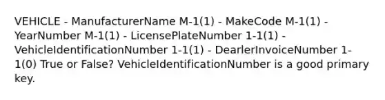 VEHICLE - ManufacturerName M-1(1) - MakeCode M-1(1) - YearNumber M-1(1) - LicensePlateNumber 1-1(1) - VehicleIdentificationNumber 1-1(1) - DearlerInvoiceNumber 1-1(0) True or False? VehicleIdentificationNumber is a good primary key.