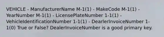 VEHICLE - ManufacturerName M-1(1) - MakeCode M-1(1) - YearNumber M-1(1) - LicensePlateNumber 1-1(1) - VehicleIdentificationNumber 1-1(1) - DearlerInvoiceNumber 1-1(0) True or False? DealerInvoiceNumber is a good primary key.