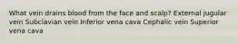 What vein drains blood from the face and scalp? External jugular vein Subclavian vein Inferior vena cava Cephalic vein Superior vena cava