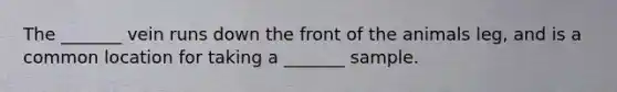 The _______ vein runs down the front of the animals leg, and is a common location for taking a _______ sample.