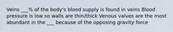 Veins ___% of the body's blood supply is found in veins Blood pressure is low so walls are thin/thick Venous valves are the most abundant in the ___ because of the opposing gravity force