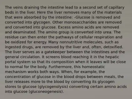 The veins draining the intestine lead to a second set of capillary beds in the liver. Here the liver removes many of the materials that were absorbed by the intestine: -Glucose is removed and converted into glycogen. Other monosaccharides are removed and converted into glucose. Excess amino acids are removed and deaminated. The amino group is converted into urea. The residue can then enter the pathways of cellular respiration and be oxidized for energy. Many nonnutritive molecules, such as ingested drugs, are removed by the liver and, often, detoxified. The liver serves as a gatekeeper between the intestines and the general circulation. It screens blood reaching it in the hepatic portal system so that its composition when it leaves will be close to normal for the body. Furthermore, this homeostatic mechanism works both ways. When, for example, the concentration of glucose in the blood drops between meals, the liver releases more to the blood by converting its glycogen stores to glucose (glycogenolysis) converting certain amino acids into glucose (gluconeogenesis).