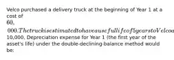 Velco purchased a delivery truck at the beginning of Year 1 at a cost of 60,000. The truck is estimated to have a useful life of 5 years to Velco and an estimated salvage value of10,000. Depreciation expense for Year 1 (the first year of the asset's life) under the double-declining-balance method would be: