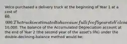 Velco purchased a delivery truck at the beginning of Year 1 at a cost of 60,000. The truck is estimated to have a useful life of 5 years to Velco and an estimated salvage value of10,000. The balance of the Accumulated Depreciation account at the end of Year 2 (the second year of the asset's life) under the double-declining-balance method would be: