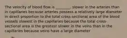 The velocity of blood flow is ________. slower in the arteries than in capillaries because arteries possess a relatively large diameter in direct proportion to the total cross-sectional area of the blood vessels slowest in the capillaries because the total cross-sectional area is the greatest slower in the veins than in the capillaries because veins have a large diameter