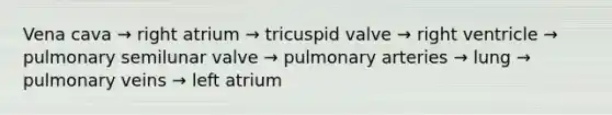 Vena cava → right atrium → tricuspid valve → right ventricle → pulmonary semilunar valve → pulmonary arteries → lung → pulmonary veins → left atrium