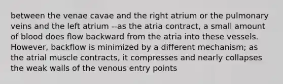 between the venae cavae and the right atrium or the pulmonary veins and the left atrium --as the atria contract, a small amount of blood does flow backward from the atria into these vessels. However, backflow is minimized by a different mechanism; as the atrial muscle contracts, it compresses and nearly collapses the weak walls of the venous entry points