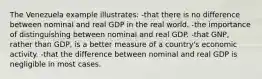 The Venezuela example illustrates: -that there is no difference between nominal and real GDP in the real world. -the importance of distinguishing between nominal and real GDP. -that GNP, rather than GDP, is a better measure of a country's economic activity. -that the difference between nominal and real GDP is negligible in most cases.