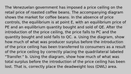 The Venezuelan government has imposed a price ceiling on the retail price of roasted coffee beans. The accompanying diagram shows the market for coffee beans. In the absence of price controls, the equilibrium is at point E, with an equilibrium price of PE and an equilibrium quantity bought and sold of QE. After the introduction of the price ceiling, the price falls to PC and the quantity bought and sold falls to QC. a. Using the diagram, show how much of what was producer surplus before the introduction of the price ceiling has been transferred to consumers as a result of the price ceiling by correctly placing the quadrilateral labeled "Transfer." b. Using the diagram, show how much of what was total surplus before the introduction of the price ceiling has been lost. That is, correctly place the deadweight loss (DWL) area.