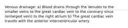 Venous drainage: a) Blood drains through the Venules to the smaller veins to the great cardiac vein to the coronary sinus (enlarged vein) to the right atrium b) The great cardiac vein travels with the anterior interventricular artery