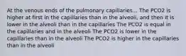 At the venous ends of the pulmonary capillaries... The PCO2 is higher at first in the capillaries than in the alveoli, and then it is lower in the alveoli than in the capillaries The PCO2 is equal in the capillaries and in the alveoli The PCO2 is lower in the capillaries than in the alveoli The PCO2 is higher in the capillaries than in the alveoli