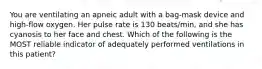 You are ventilating an apneic adult with a bag-mask device and high-flow oxygen. Her pulse rate is 130 beats/min, and she has cyanosis to her face and chest. Which of the following is the MOST reliable indicator of adequately performed ventilations in this patient?