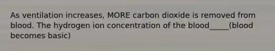 As ventilation increases, MORE carbon dioxide is removed from blood. The hydrogen ion concentration of the blood_____(blood becomes basic)