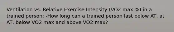 Ventilation vs. Relative Exercise Intensity (VO2 max %) in a trained person: -How long can a trained person last below AT, at AT, below VO2 max and above VO2 max?