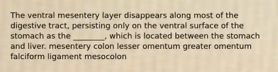 The ventral mesentery layer disappears along most of the digestive tract, persisting only on the ventral surface of <a href='https://www.questionai.com/knowledge/kLccSGjkt8-the-stomach' class='anchor-knowledge'>the stomach</a> as the ________, which is located between the stomach and liver. mesentery colon lesser omentum greater omentum falciform ligament mesocolon