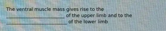 The ventral muscle mass gives rise to the _________________________ of the upper limb and to the __________________________ of the lower limb