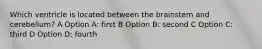 Which ventricle is located between the brainstem and cerebellum? A Option A: first B Option B: second C Option C: third D Option D: fourth