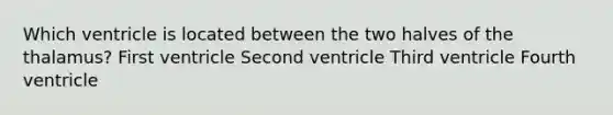 Which ventricle is located between the two halves of the thalamus? First ventricle Second ventricle Third ventricle Fourth ventricle