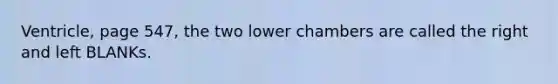 Ventricle, page 547, the two lower chambers are called the right and left BLANKs.