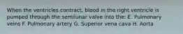 When the ventricles contract, blood in the right ventricle is pumped through the semilunar valve into the: E. Pulmonary veins F. Pulmonary artery G. Superior vena cava H. Aorta