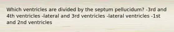 Which ventricles are divided by the septum pellucidum? -3rd and 4th ventricles -lateral and 3rd ventricles -lateral ventricles -1st and 2nd ventricles