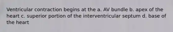 Ventricular contraction begins at the a. AV bundle b. apex of the heart c. superior portion of the interventricular septum d. base of the heart