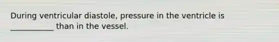 During ventricular diastole, pressure in the ventricle is ___________ than in the vessel.