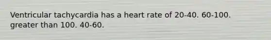 Ventricular tachycardia has a heart rate of 20-40. 60-100. greater than 100. 40-60.