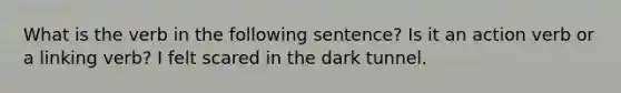 What is the verb in the following sentence? Is it an action verb or a linking verb? I felt scared in the dark tunnel.