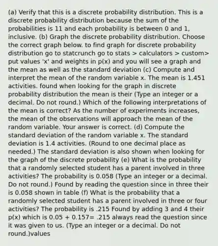 (a) Verify that this is a discrete probability distribution. This is a discrete probability distribution because the sum of the probabilities is 11 and each probability is between 0 and 1, inclusive. ​(b) Graph the discrete probability distribution. Choose the correct graph below. to find graph for discrete probability distribution go to statcrunch go to stats > calculators > custom> put values 'x' and weights in p(x) and you will see a graph and the mean as well as the standard deviation ​(c) Compute and interpret the mean of the random variable x. The mean is 1.451 activities. found when looking for the graph in discrete probability distribution the mean is their ​(Type an integer or a decimal. Do not​ round.) Which of the following interpretations of the mean is​ correct? As the number of experiments​ increases, the mean of the observations will approach the mean of the random variable. Your answer is correct. ​(d) Compute the standard deviation of the random variable x. The standard deviation is 1.4 activities. ​(Round to one decimal place as​ needed.) The standard deviation is also shown when looking for the graph of the discrete probability ​(e) What is the probability that a randomly selected student has a parent involved in three​ activities? The probability is 0.058 ​(Type an integer or a decimal. Do not​ round.) Found by reading the question since in three their is 0.058 shown in table ​(f) What is the probability that a randomly selected student has a parent involved in three or four​ activities? The probability is .215 Found by adding 3 and 4 their p(x) which is 0.05 + 0.157= .215 always read the question since it was given to us. ​(Type an integer or a decimal. Do not​ round.)values