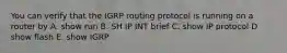 You can verify that the IGRP routing protocol is running on a router by A. show run B. SH IP INT brief C. show IP protocol D show flash E. show IGRP