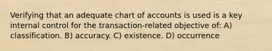 Verifying that an adequate chart of accounts is used is a key internal control for the transaction-related objective of: A) classification. B) accuracy. C) existence. D) occurrence