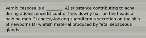 Vernix caseosa is a ________. A) substance contributing to acne during adolescence B) coat of fine, downy hair on the heads of balding men C) cheesy-looking sudoriferous secretion on the skin of newborns D) whitish material produced by fetal sebaceous glands