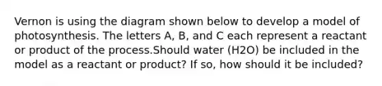 Vernon is using the diagram shown below to develop a model of photosynthesis. The letters A, B, and C each represent a reactant or product of the process.Should water (H2O) be included in the model as a reactant or product? If so, how should it be included?