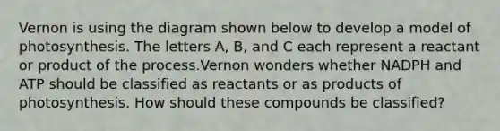 Vernon is using the diagram shown below to develop a model of photosynthesis. The letters A, B, and C each represent a reactant or product of the process.Vernon wonders whether NADPH and ATP should be classified as reactants or as products of photosynthesis. How should these compounds be classified?