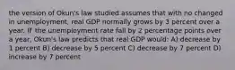 the version of Okun's law studied assumes that with no changed in unemployment, real GDP normally grows by 3 percent over a year. IF the unemployment rate fall by 2 percentage points over a year, Okun's law predicts that real GDP would: A) decrease by 1 percent B) decrease by 5 percent C) decrease by 7 percent D) increase by 7 percent