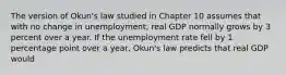 The version of Okun's law studied in Chapter 10 assumes that with no change in unemployment, real GDP normally grows by 3 percent over a year. If the unemployment rate fell by 1 percentage point over a year, Okun's law predicts that real GDP would