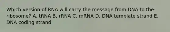 Which version of RNA will carry the message from DNA to the ribosome? A. tRNA B. rRNA C. mRNA D. DNA template strand E. DNA coding strand