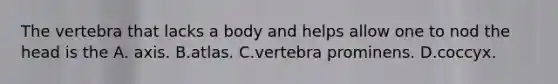 The vertebra that lacks a body and helps allow one to nod the head is the A. axis. B.atlas. C.vertebra prominens. D.coccyx.