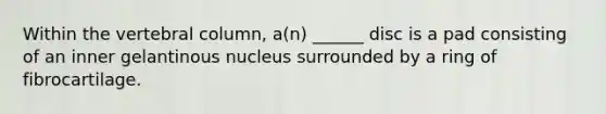 Within the <a href='https://www.questionai.com/knowledge/ki4fsP39zf-vertebral-column' class='anchor-knowledge'>vertebral column</a>, a(n) ______ disc is a pad consisting of an inner gelantinous nucleus surrounded by a ring of fibrocartilage.