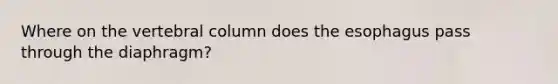 Where on the vertebral column does the esophagus pass through the diaphragm?