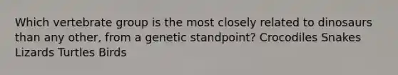 Which vertebrate group is the most closely related to dinosaurs than any other, from a genetic standpoint? Crocodiles Snakes Lizards Turtles Birds