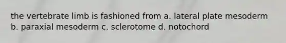 the vertebrate limb is fashioned from a. lateral plate mesoderm b. paraxial mesoderm c. sclerotome d. notochord