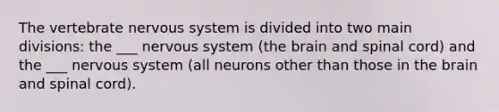 The vertebrate nervous system is divided into two main divisions: the ___ nervous system (the brain and spinal cord) and the ___ nervous system (all neurons other than those in the brain and spinal cord).