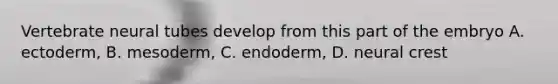 Vertebrate neural tubes develop from this part of the embryo A. ectoderm, B. mesoderm, C. endoderm, D. neural crest