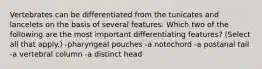 Vertebrates can be differentiated from the tunicates and lancelets on the basis of several features. Which two of the following are the most important differentiating features? (Select all that apply.) -pharyngeal pouches -a notochord -a postanal tail -a vertebral column -a distinct head